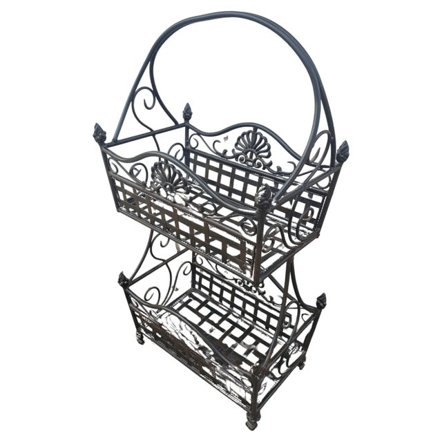 Black Vintage Wrought Iron Two Tier Standing Basket For Sale - Image 8 of 8