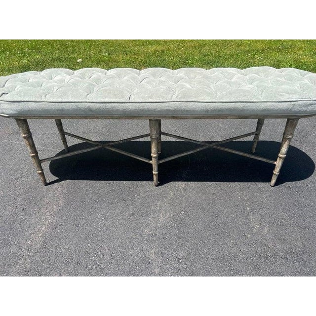 Modern Faux Bamboo Tufted Velvet Bench in Grey Blue Upholstery For Sale - Image 4 of 18