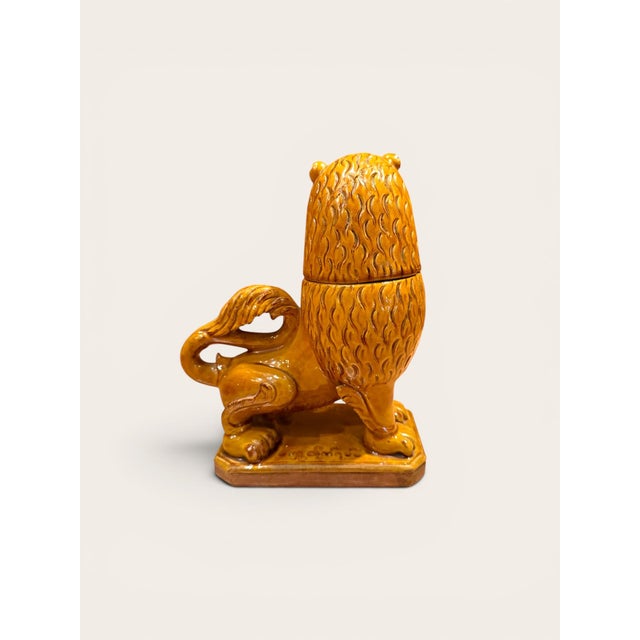 Folk Art Signed 19th Century Glazed Terracotta Lion Covered Vessel For Sale - Image 3 of 7