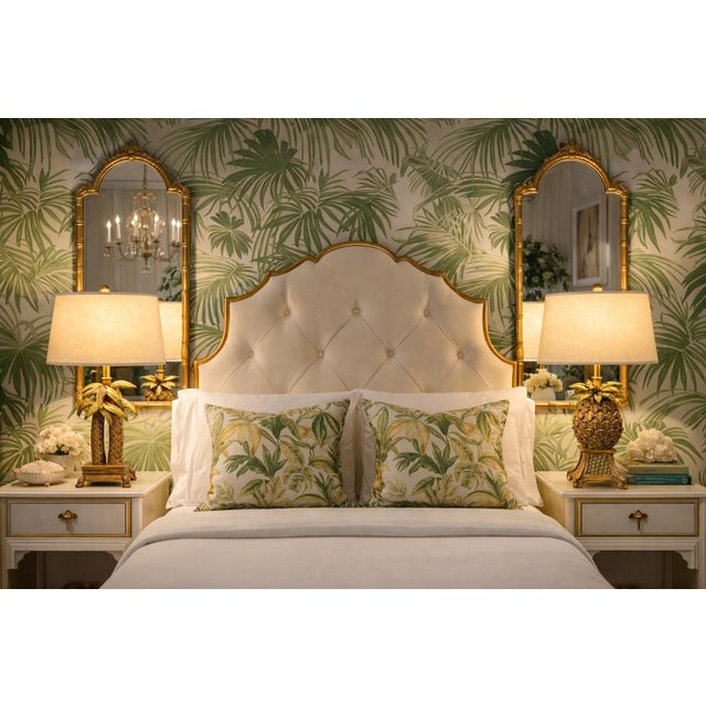 Late 20th Century Petite Tropical Palm Tree & Pineapple Table Lamps With Linen Drum Shades – Hollywood Regency Coastal Style, 16” H - a Pair For Sale - Image 4 of 10