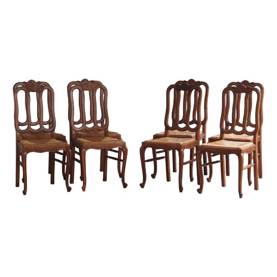 Vintage French Dining Chairs with Woven Seats, Set of 8 For Sale