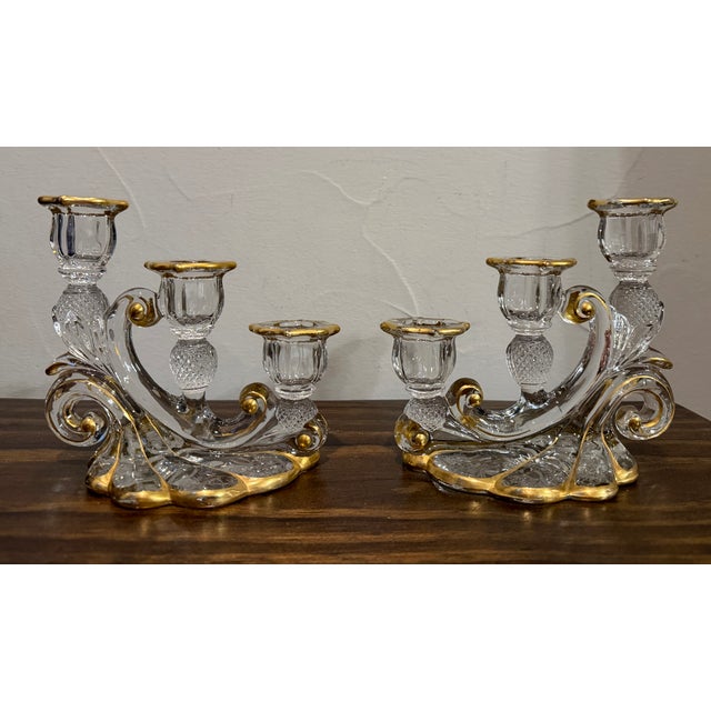 Early 20th Century 1930s Cambridge Glass Valencia Etched & Gilt 3-Light Candelabra – Pair For Sale - Image 5 of 17