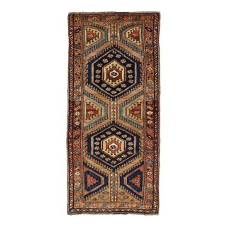 Antique Persian Kurdish Short Runner on Geometric Motifs in Light Camel Field 3'5 X 7'10 For Sale