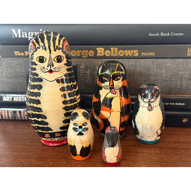 Hand-Painted Folk Art Cat and Mouse Nesting Dolls - Set of 5 For Sale - Image 11 of 11