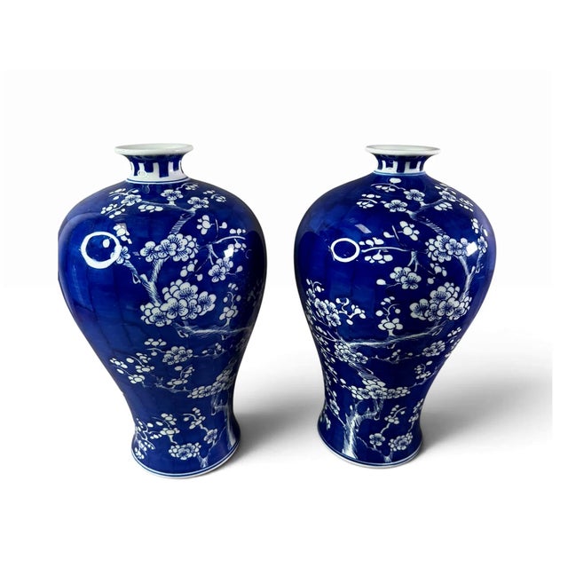 Pair Early 20th Century Chinese Cobalt Meiping Vases With Prunus Decoration For Sale - Image 4 of 8