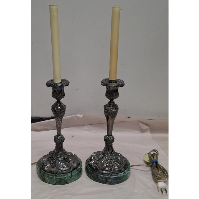 Rococo Mid 20th Century Pair of Rococo Style Silverplate Candlesticks Mounted as Lamp For Sale - Image 3 of 8