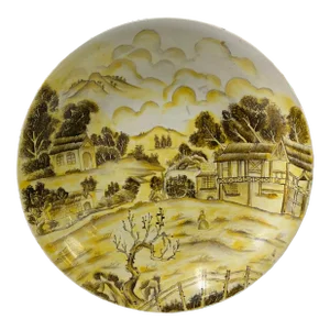 Chinese Yellow White Village Tree Graphic Porcelain Decor Plate