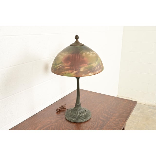 1920s Antique Arts & Crafts Table Lamp With Painted Glass Landscape Scene Shade, Circa 1920s For Sale - Image 5 of 16