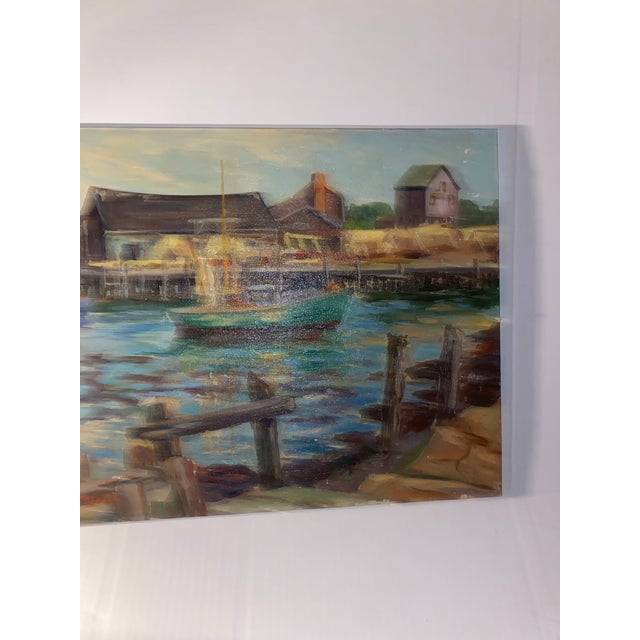 1960s Vintage Signed Maritime Habor Oil Painting Harbor Scene With a Boat For Sale - Image 5 of 12