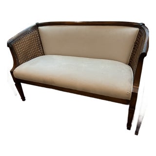 Vintage Wood & Cane Upholstered Settee / Loveseat For Sale