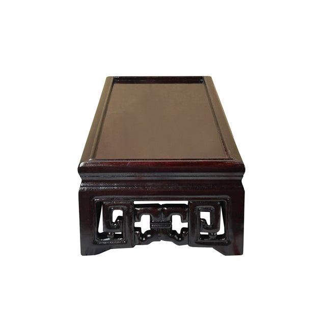 Asian Dark Brown Stained Oriental Geometric Rectangular Display Table Stand For Sale - Image 3 of 12