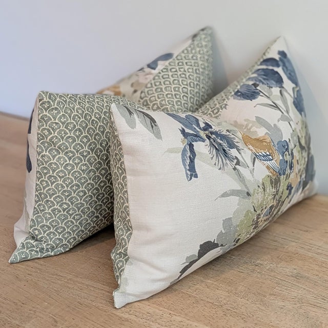 Traditional Gp & J Baker Birds & Iris Lumbar Pillows in Soft Teal For Sale - Image 3 of 6
