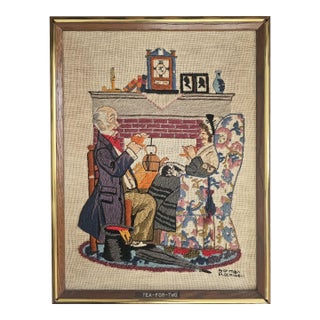 Norman Rockwell “Tea for Two” Framed Needlepoint, 1983 Oak & Gold Frame For Sale