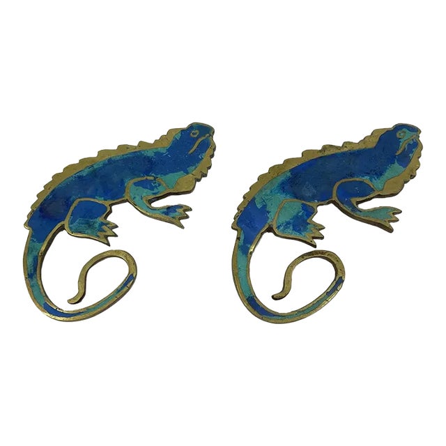 Pair of 1950s Pepe Mendoza Bronze Iguana Enameled Handles For Sale
