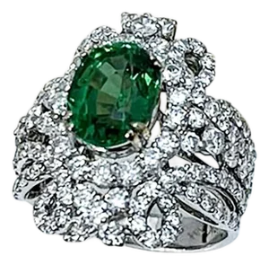 4 Carat Oval Tsavorite & 2.9 Carat Diamond in 18 Karat White Gold Ring Estate