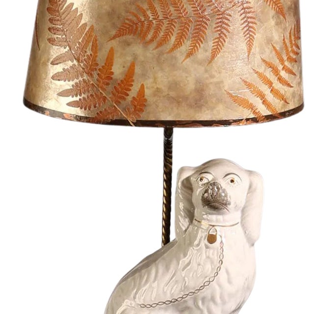 Mid 20th Century Staffordshire Dog Lamp With Fern Lampshade For Sale - Image 4 of 6