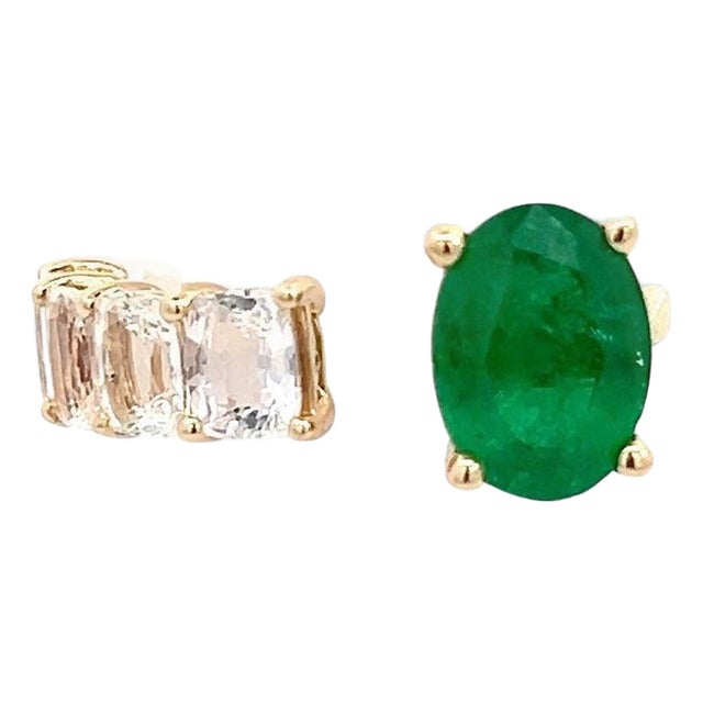 Natural Emerald and White Sapphire Ring 6.5 14k Y Gold 4.05 TCW Certified For Sale