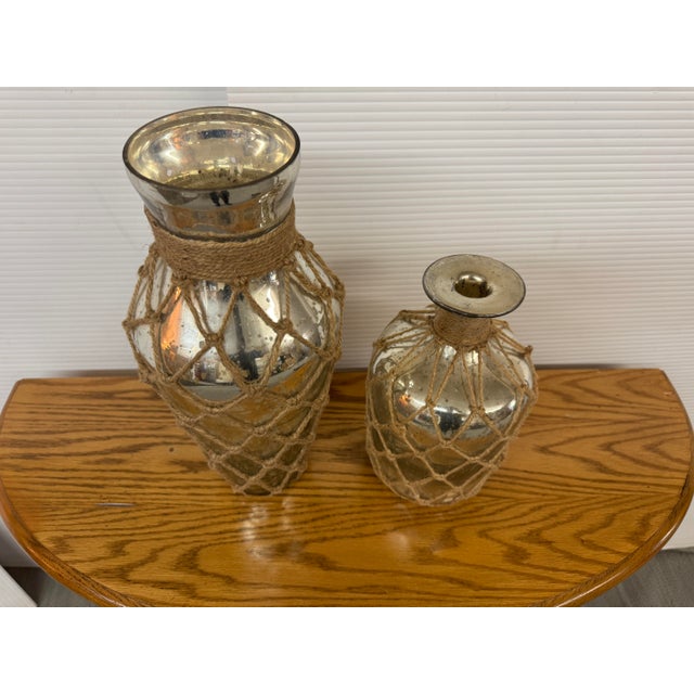 Twine Wrapped Mercury Glass Bottles, Set of Two For Sale - Image 4 of 12