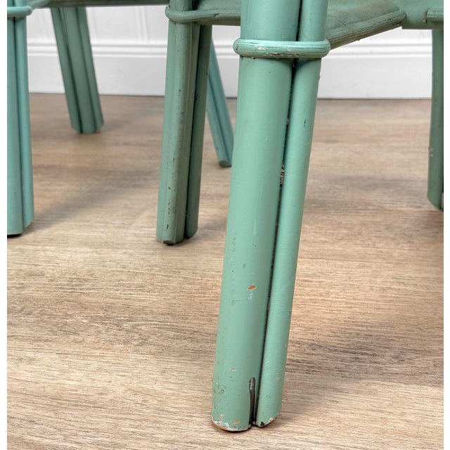 Vintage Coastal Rattan Turquoise Round Wicker Stools - A Pair For Sale - Image 12 of 13