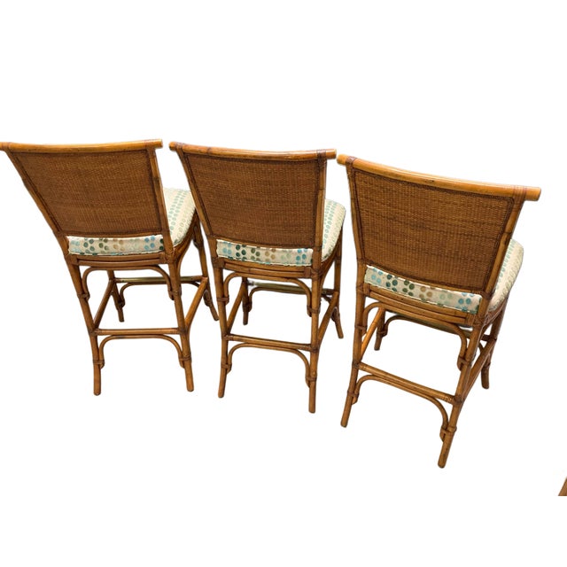 Boho Chic Set of 3 Tommy Bahama Rattan Bar Stools With Cane Backs & Upholstered Seats For Sale - Image 3 of 11