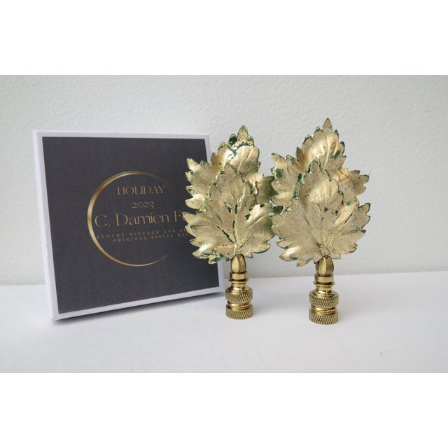Vintage Italian Tole Leaf Lamp Finials Enamel and Gold Leaf, Gift Boxed Pair by C. Damien Fox