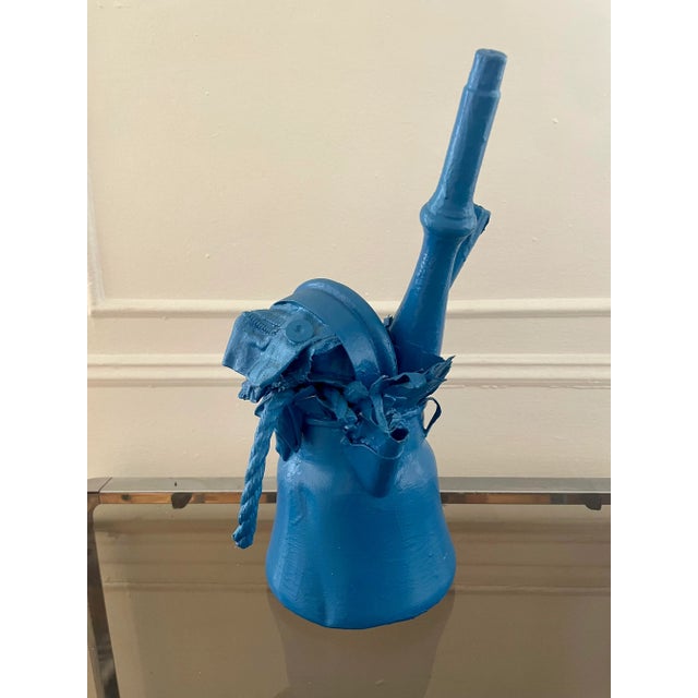 Vintage Folk Art Painted Blue Assemblage Artist Piece Kettle For Sale - Image 4 of 6