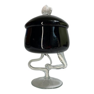 1980s Jozefina Krosno Hand-Blown Black and White Art Glass Pedestal Compote With Lid For Sale