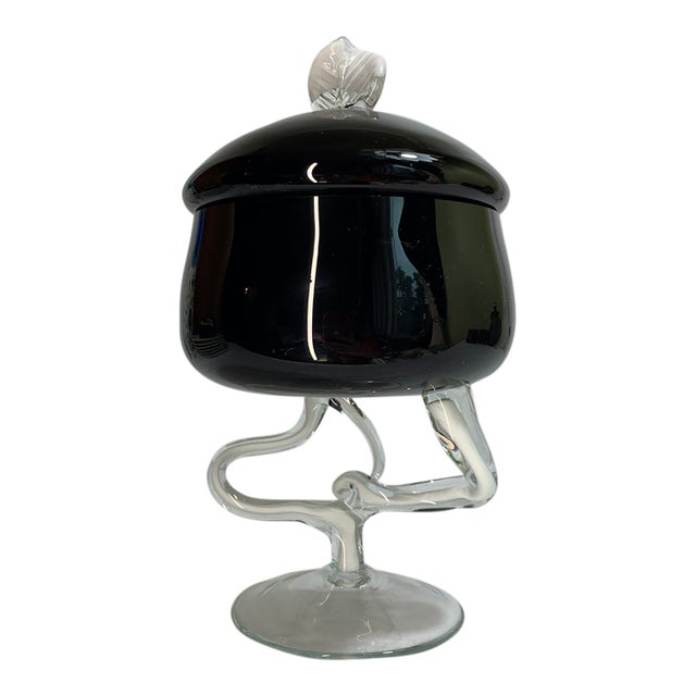 1980s Jozefina Krosno Hand-Blown Black and White Art Glass Pedestal Compote With Lid For Sale