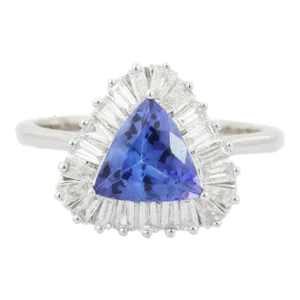 Natural Trilliant Shape Tanzanite 18k White Gold Statement Ring Size 7