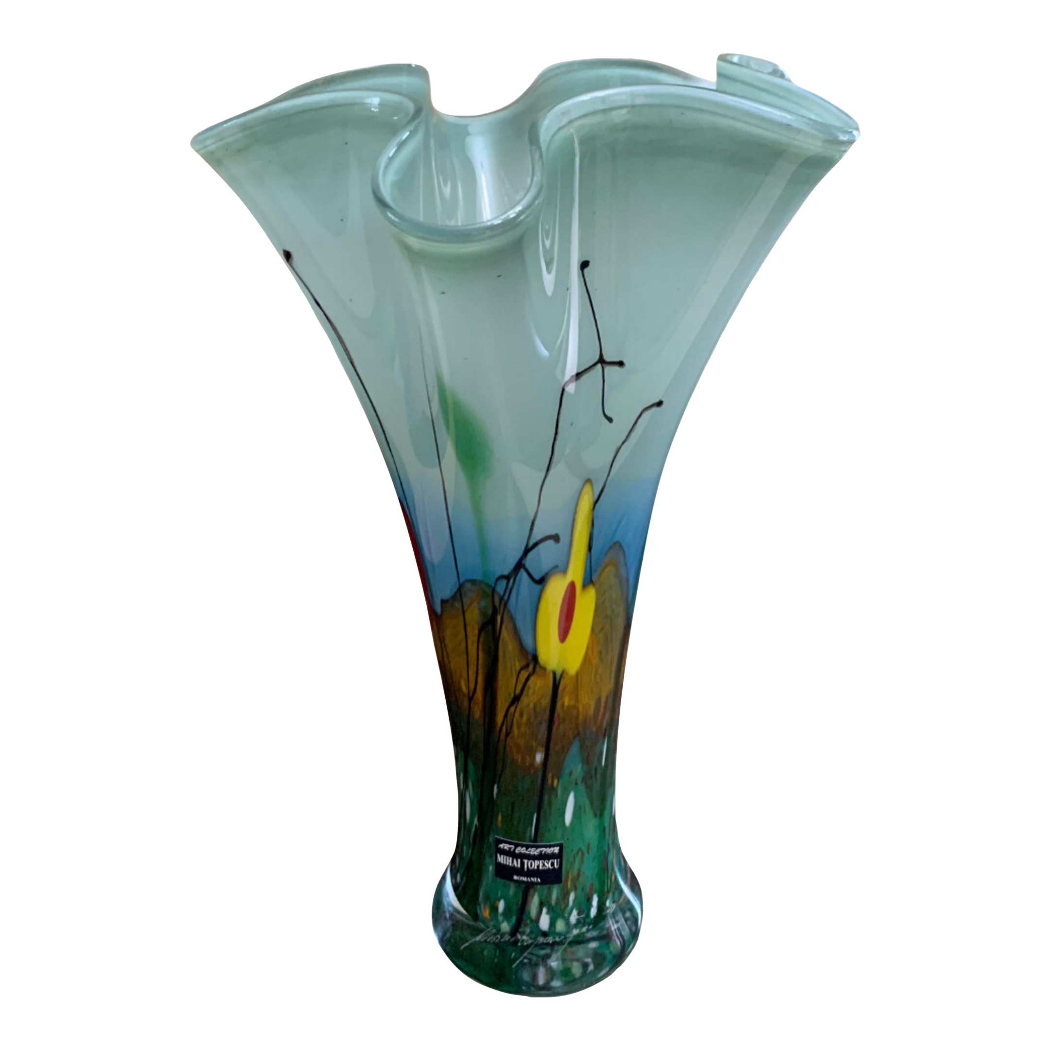 Vintage Mihai Topescu Art Glass Floral Landscape Vase | Chairish