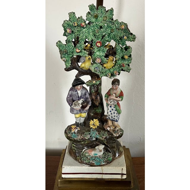 Antique Early 19th Century English Staffordshire Figure of a Georgian Couple With Dovecote Tree Mounted as a Table Lamp For Sale - Image 12 of 12