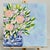 This acrylic painting of a delicate floral bouquet in a blue and white chinoiserie vase filled with beautiful spring...