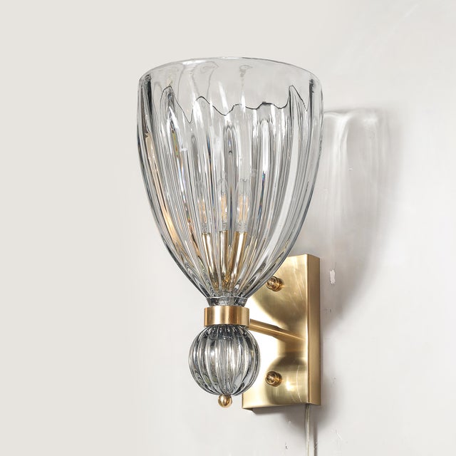 Modernist Orbital Drop Hand-Blown Murano Fluted Smoked Blue Gray Glass Sconces For Sale - Image 10 of 13