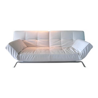 Ligne Roset Smala White Leather Convertible Sofa, Queen Bed For Sale