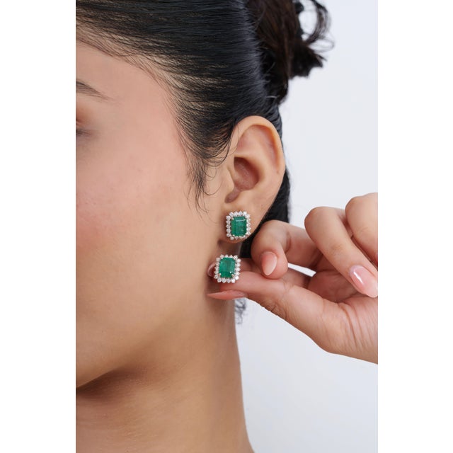 Not Yet Made - Made To Order 4.39ct Zambian Emerald Solitaire Stud Earrings With Diamonds in 14k Solid Gold- A Pair For Sale - Image 5 of 16