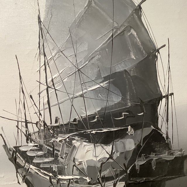 Early 20th Century Original Painting on Canvas Realistic Junk Boat Artist Signed, Framed For Sale - Image 4 of 12