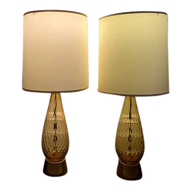 Mid 20th Century Murano Art Glass Table Lamps in Warm Amber Glass With Brass Bases and Coordinating Linen Shades. - a Pair For Sale