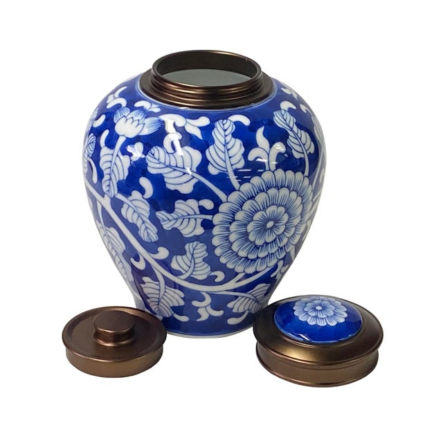 Oriental Handmade Blue White Porcelain Metal Lid Container Urn For Sale - Image 4 of 5