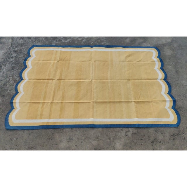 Handmade Cotton Vegetable Dyed Scalloped Edge Rug Yellow With Teal Blue Border - 6x9 For Sale - Image 9 of 11
