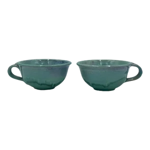 Pair of Vintage Handmade Green Swirl Ceramic Pottery Coffee Cups Mugs