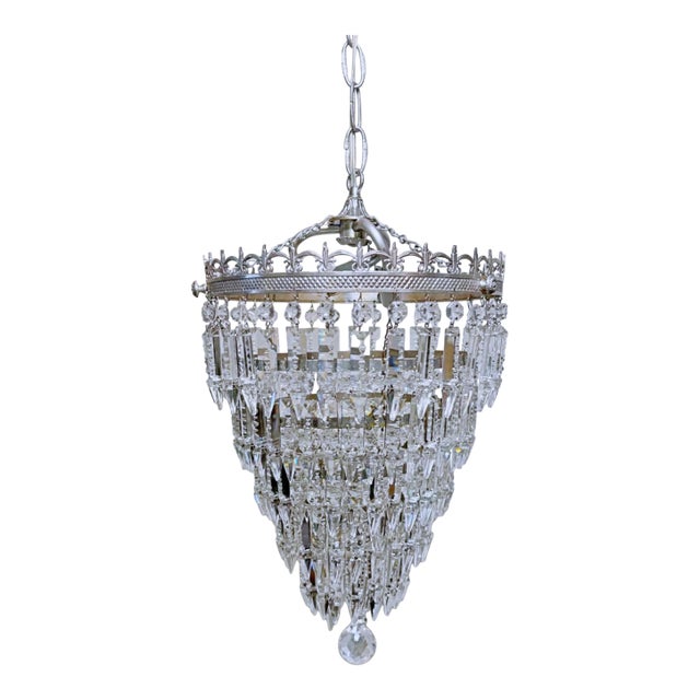 Vintage Silver Rim Tiered Crystal Chandelier For Sale