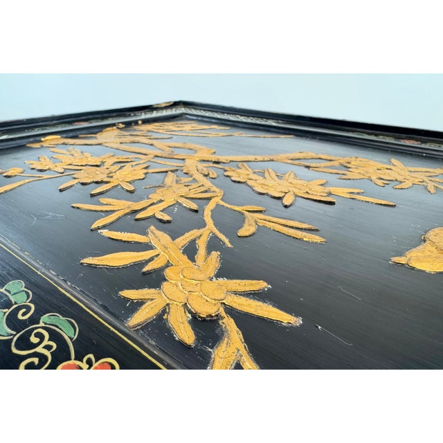 1970s Vintage Black Lacquer Chinoiserie Side Table With Gilt Birds and Floral Motifs For Sale - Image 5 of 13
