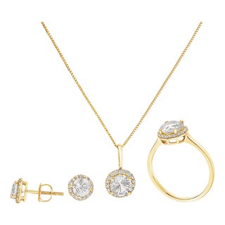 10K Yellow Gold White Topaz and 3/8 Cttw Diamond Halo Jewelry Set (Earrings, Pendant & Ring) For Sale