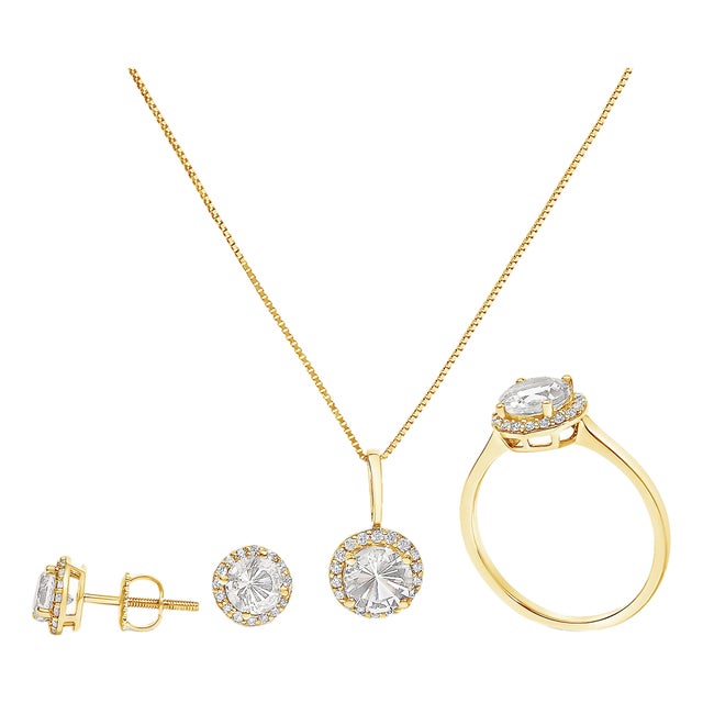 10K Yellow Gold White Topaz and 3/8 Cttw Diamond Halo Jewelry Set (Earrings, Pendant & Ring) For Sale
