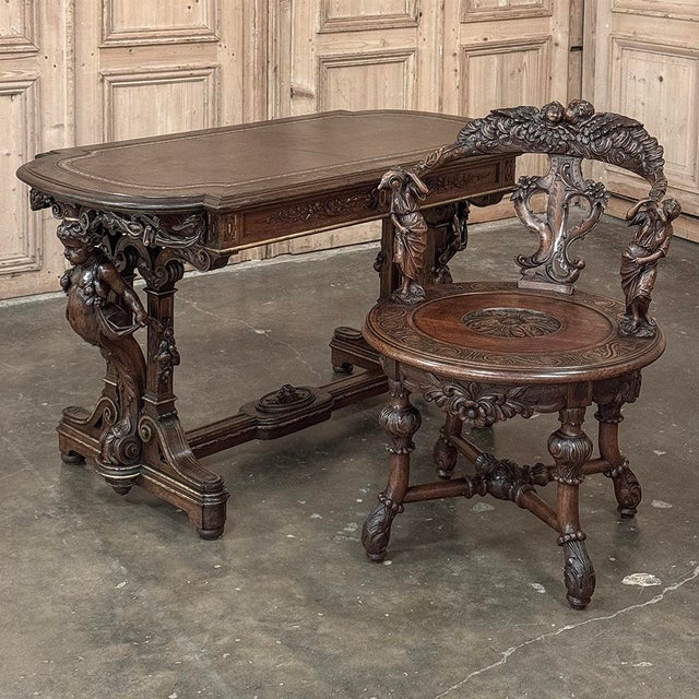19th Century Italian Renaissance Revival Walnut Swiveling Desk Chair is more artistic sculpture than mere furniture! Hand-...