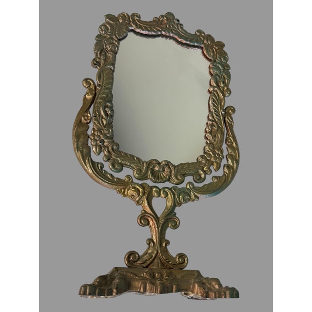 Ornate Vintage Antique Cast Metal Gold Painted Standing 16.25" Vanity Mirror For Sale - Image 6 of 10
