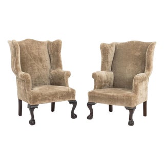 George III Style Upholstered Wingback Armchairs, 2 For Sale