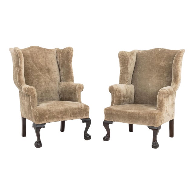 George III Style Upholstered Wingback Armchairs, 2 For Sale