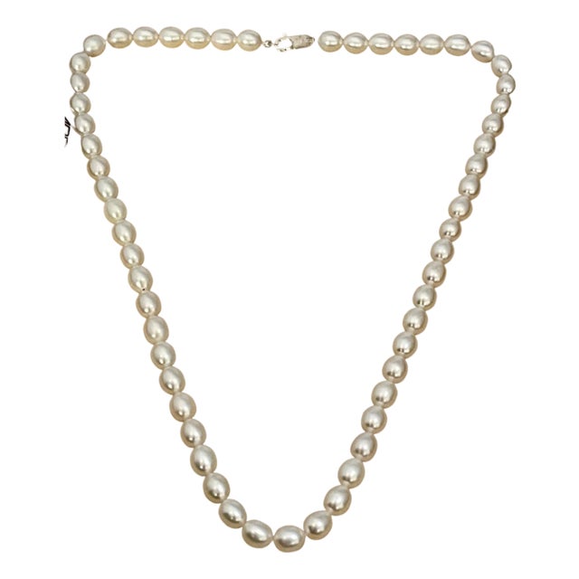 Fresh Water Elongated Pearl Single Strand Necklace, Silver Clasp For Sale