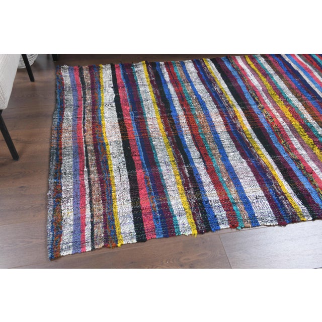 Vintage Turkish Oushak Handmade Wool Cotton Blue Kilim Area Rug For Sale - Image 9 of 11